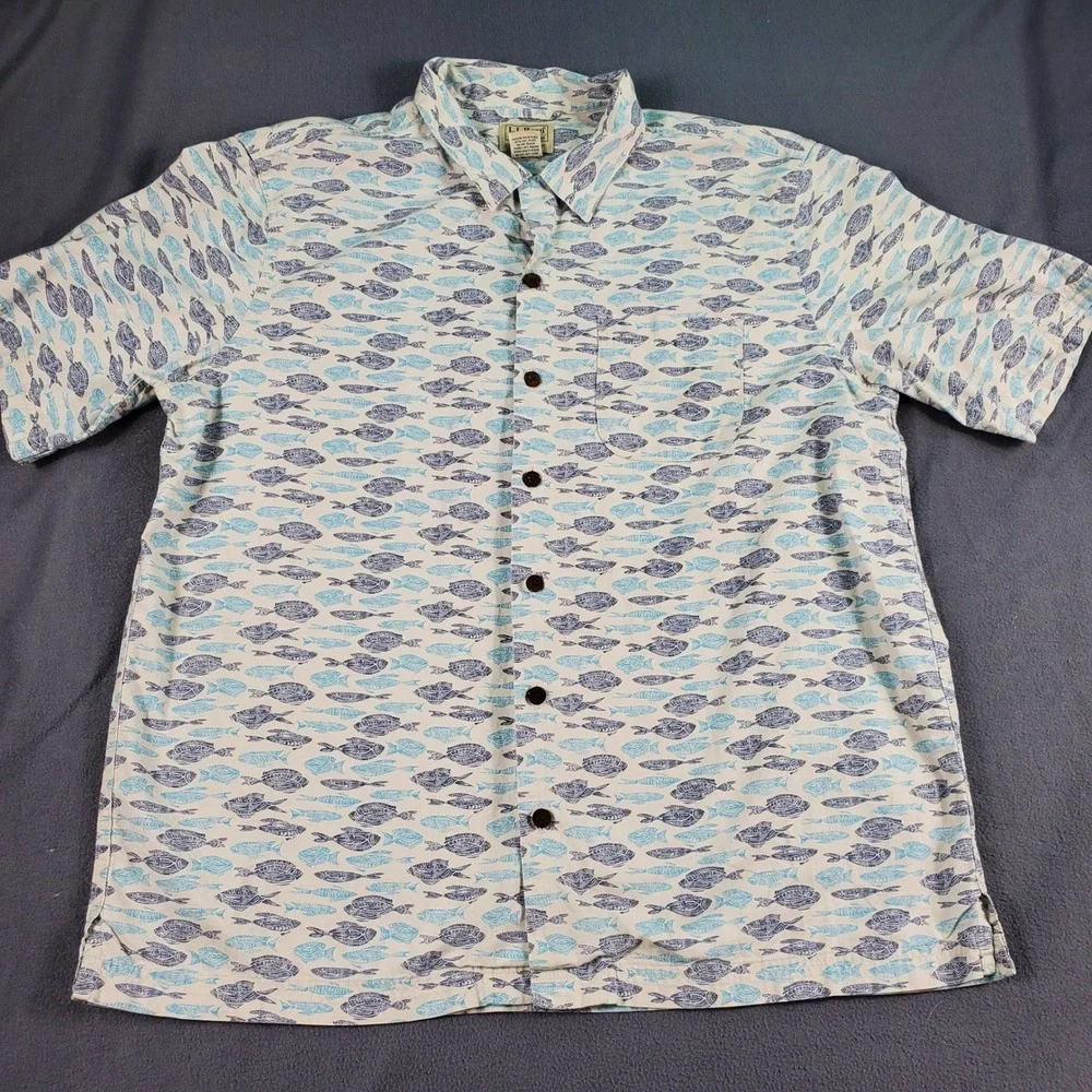 LL Bean Mens Traditional Fit Fish Print Cotton Short Sleeve Button Up Shirt M